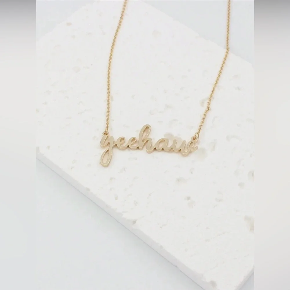 Gold tone yeehaw cursive scripture country western cowgirl rodeo necklace - Picture 5 of 11